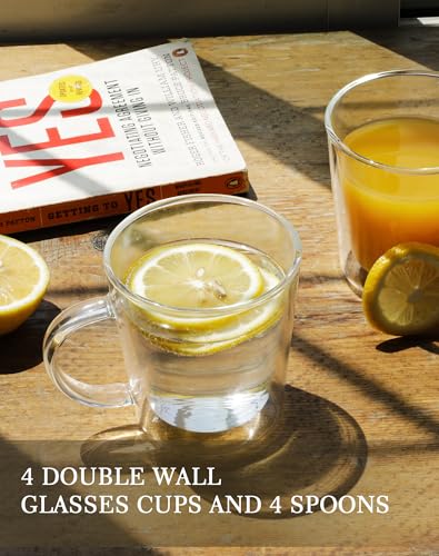 LIBWYS 12oz Double Wall Glass Coffee Mugs, Cappuccino Latte Tea Cups with Handle, Heat Resistant Borosilicate Insulated Clear Glasses (Set of 4) - size: 4x12oz coffee mugs