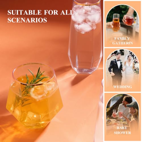 BESTSTAR 48 Pack Gold Rim Plastic Wine Glasses Set, BPA-Free Shatterproof | 24 9 OZ Stemless Champagne Flutes & 24 12OZ Diamond Wine Whiskey Glasses, Clear Drinkware for Weddings, Parties & Events - color: Gold Rim Diamond