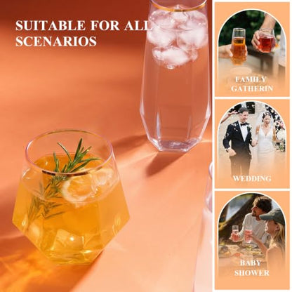 BESTSTAR 48 Pack Gold Rim Plastic Wine Glasses Set, BPA-Free Shatterproof | 24 9 OZ Stemless Champagne Flutes & 24 12OZ Diamond Wine Whiskey Glasses, Clear Drinkware for Weddings, Parties & Events - color: Gold Rim Diamond