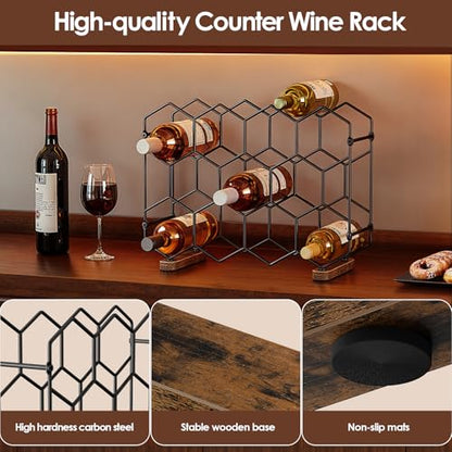 Nuovoware Countertop Wine Rack, 14-Bottle, 3 Tier, Black+Brown | Wine Bottle Organizer Storage, Freestanding Modern Carbon Steel Holder, Hexagonal Structure, for Cabinet, Pantry