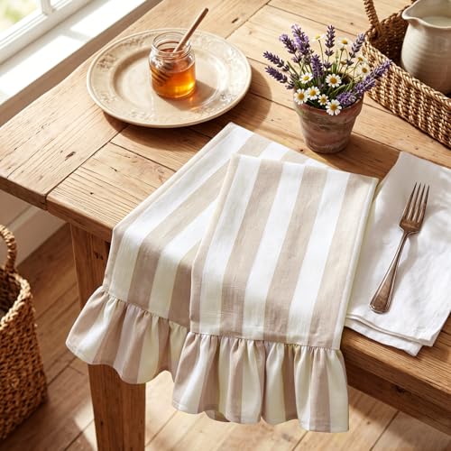 Brown Striped Kitchen Towels Set of 2, 100% Cotton Ruffled Striped Dish Towels 18"x31" Absorbent Tea Cloths Classic Pattern for Farmhouse Charm, Drying Dishes, Entertaining Guests - color: Brown