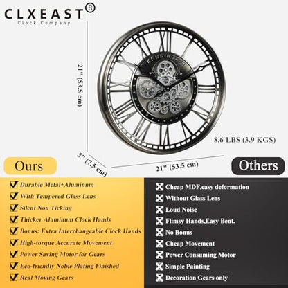 21" Metal Roman Numeral Wall Clock with Moving Gears,Gunmetal | SIilent Non Ticking, Aluminum Dial, Unique Modern Wall Clocks for Living Room, Dinning Room, Entryway & Home Office - color: Roman Gunmetal, size: 21"