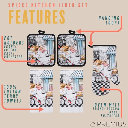 5 Piece Baking Chef Printed Kitchen Linen Set, 2 Cotton Towels, 2 Potholders, 1 Oven Mitt with Hanging Loop, 100% Cotton Material on Front & Polyester Backing, Perfect Kitchen Accessory - color: Baking Chef