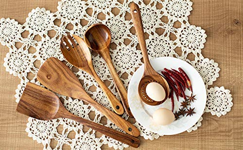 Premium 5 pcs Wooden Spoons For Cooking, Wood kitchen Spatula Utensils set | Acacia Wood Utensil set With Soup Ladle and Wok Spatula, Salad fork for Non-stick Skillet