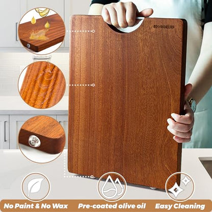 Brosisincorp Sapele Wood Cutting Board One Piece No Glue 14.96"L*11.02"W | Real Solid Whole Single Hardwood, Pre-Oiled Non Toxic No Joint, Reversible Heavy Duty Thick, Edge Grain Without Juice Grooves - size: 15"L x 11"W