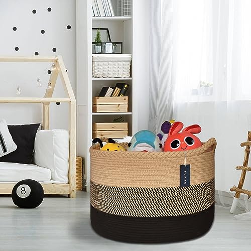 COMSE XXXLarge Woven Blanket & Laundry Basket, 87L, Brown & Black | 21.7" x 13.8", Cotton Rope, Nursery Hamper for Storage of Toys Clothes Towels, Ideal for Living Room Bedroom Bathroom - color: Brown & Black