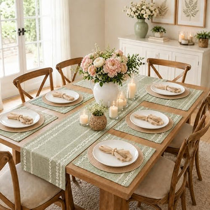 Boho Table Runner and Placemats Set of 6, Modern Farmhouse Dining Table Setting Decor with 1pcs Runner, 12pcs Mats, 6pcs Napkins, 6pcs Wood Bead Rings for Kitchen Party