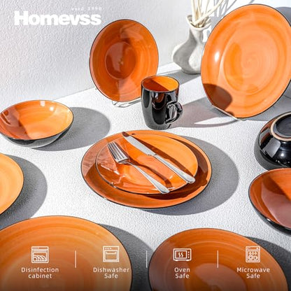 HomeVss Sonoma 16 Piece Stoneware Dinner Set, Outside Black + Inside Handpainted Color Orange with speckle - color: Orange