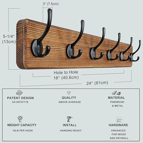 Coat Rack Wall: 24" Long, Patented, Heavy-Duty, 6-Double-Hooks Wooden Wall Mounted Coat Rack Coat Hanger Hook Rail for Winter Coats Hat Jacket Clothing, Natural & Black - color: Natural & Black, size: L=24"(1pcs)
