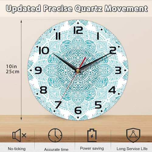 Teal Mandala Flower Wall Clock, Silent Non-Ticking, Battery Operated, Wooden Decorative Round Clock with Arabic Numerals, 10 Inch - color: Teal Mandala Flower