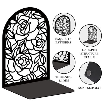 Book Ends Black Metal Bookends for Shelves Decor Rose Heavy Duty Bookends for Book Supports Unique Book Stopper for Office Book Holder Shelf Accessories 7x4.7x3.5 inch 1 Pairs/2 Pcs - style: Rose