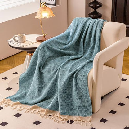 Peshtemania Premium Cotton Throw Blanket, 50x60 inches, Light Blue, Turkish Herringbone, Farmhouse Decor, Yoga Blanket, Picnic Blanket - color: Light Blue