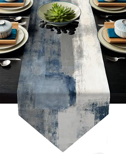 Blue and Grey Table Runner,Blue Abstract Modern Art Burlap Table Runners for Table Dresser Runner Farmhouse Style for Dinner Party Holidays Home Decoration (Blue and Grey, 13"x 91") - color: Blue and Grey, size: 13"x 91"