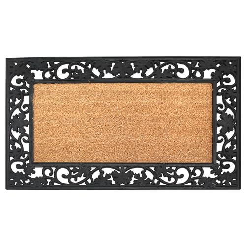 A1HC Natural Coir and Rubber Large Door Mat, 18" x 30", Thick Durable Doormats for Door Entrance, Heavy Duty, Thin Profile Door Mat, Easy to Clean,Long Lasting Front Door Entry Doormat - color: Floral Border Plain Coir Black