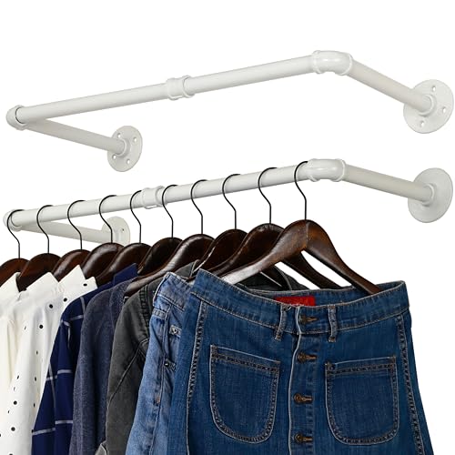 WEBI Clothing Rack Wall Mount White,24" Industrial Pipe Clothes Rack for Hanging Clothes,Heavy Duty Iron Garment Rack Bar,Retail Display Clothes Rod for Closet,Laundry Room,2 Packs - color: White, size: 24 Inch(2 Packs)