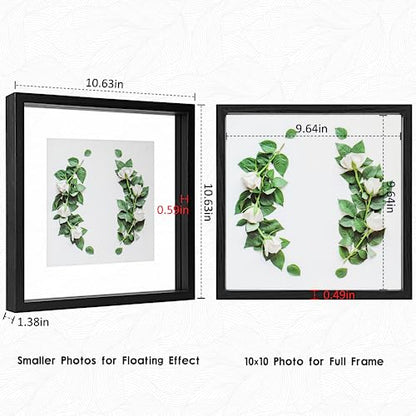 MUYE 10x10 Floating Frames Set of 2,Double Glass Picture Frame Display Any Size Photo up to 10x10,Wall Mount or Tabletop Standing,Black - color: Black, size: 10x10