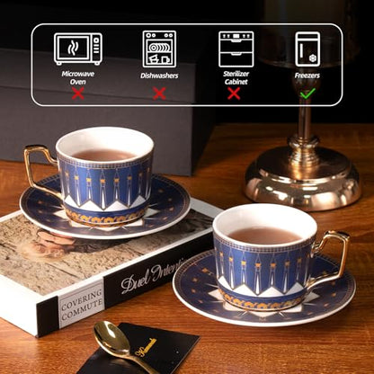 KAMMAK Tea Cups and Saucers Set of 2, Porcelain Coffee Cups, NX029 | Gold Rim, Stackable Espresso Mugs, Ceramic Demitasse for Coffee, Latte, Americano, Afternoon Tea, Elegant Gift for Women - size: 8CZNX029