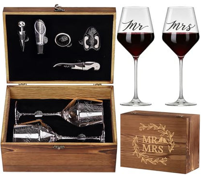 Wedding/Anniversary/Engagement/Bridal Shower and Bachelorette Gifts for Couples,Bride & Newlywed, Engraved Mr and Mrs Wine Glasses with 5-Piece Wine Accessory Kit (Wreath Design) - style: Wreath Design