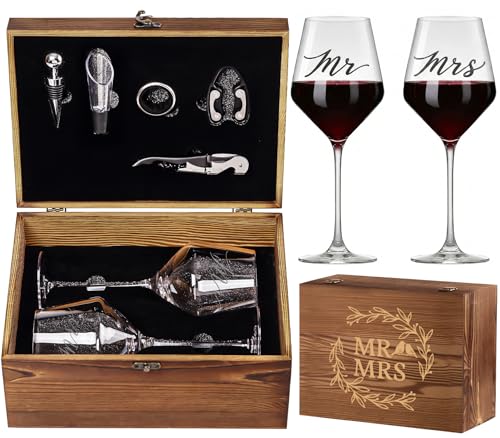 Wedding/Anniversary/Engagement/Bridal Shower and Bachelorette Gifts for Couples,Bride & Newlywed, Engraved Mr and Mrs Wine Glasses with 5-Piece Wine Accessory Kit (Wreath Design) - style: Wreath Design