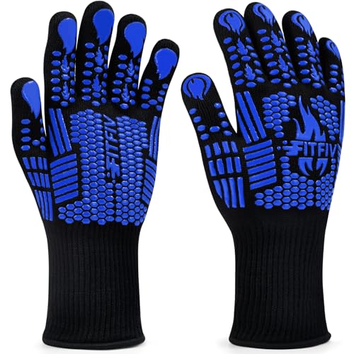 BBQ Gloves, 1472°F Heat Resistant with Silicone Grip Oven Mitts | Non-Slip Grip, for BBQ, Grilling, Oven, Smoker, Cooking and Baking - color: Blue, size: Long (Glove L 13.78" × Palm W 6.33")