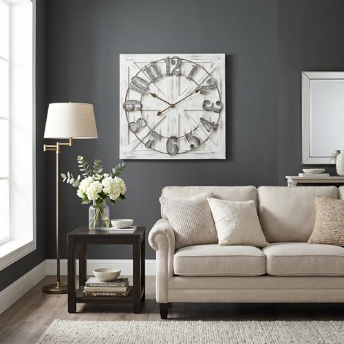 24 Inch Large Farmhouse Wall Clock, Rustic White Distressed Wood Frame with X-Brace Barn Door Backing, Silent Non-Ticking Quartz Movement,for Living Room, Fireplace, Entryway, or Dining Room - color: White