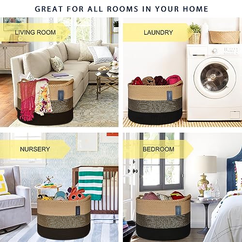 COMSE XXXLarge Woven Blanket & Laundry Basket, 87L, Brown & Black | 21.7" x 13.8", Cotton Rope, Nursery Hamper for Storage of Toys Clothes Towels, Ideal for Living Room Bedroom Bathroom - color: Brown & Black