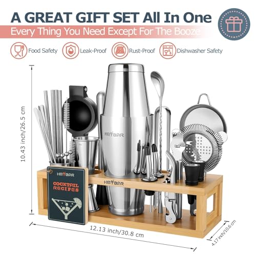 HMYBAR® Bartender Kit with Natural Bamboo Stand, 31-Piece Cocktail Shaker Set, 20/28 oz Boston Shaker Set for Home Bar, Mixology Bar Tool Set with 39 Recipe Cards - color: Natural