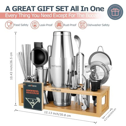 HMYBAR® Bartender Kit with Natural Bamboo Stand, 31-Piece Cocktail Shaker Set, 20/28 oz Boston Shaker Set for Home Bar, Mixology Bar Tool Set with 39 Recipe Cards - color: Natural