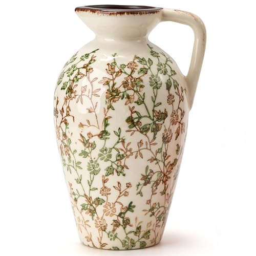 Green and Beige Antique Vase, 8.9 Inch Vintage Chinoiserie Floral Vase, Rustic Ceramic Vase for Home Decor, Living Room, Bookshelf, Office, Entryway, Garden, Chinoiserie Decor, Tuscan Decor - color: Green and Beige- 8.9"