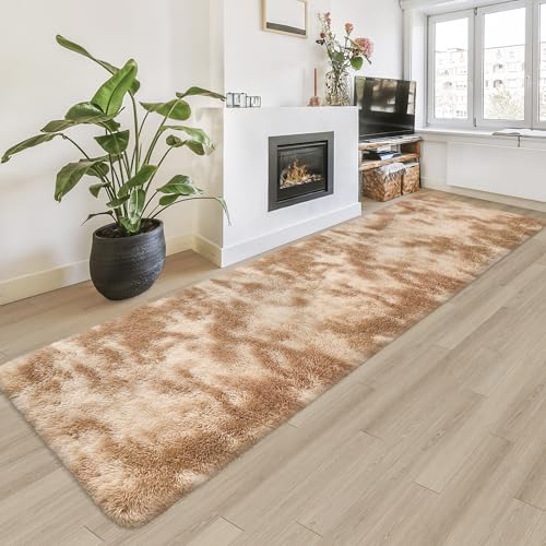 Super Soft Fluffy Living Room Area Rugs 2x8 ft Tie-Dyed Beige Shaggy Furry Carpet Washable Non-Slip Floor Rug Bedroom Bedside Nursery Rug Fuzzy Girls Boy Reduce Noise Dorm Home Decor - color: Tie-dyed Beige, size: 2' x 8' (Runner)