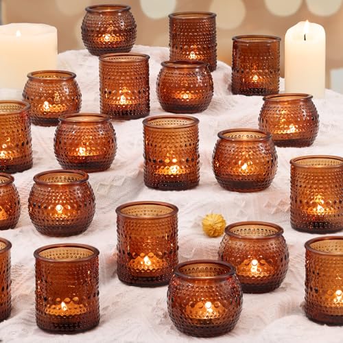 32 Pcs Amber Votive Candle Holders- Vintage Candle Holder for Rustic/Boho Wedding Table centerpieces, Bridal Shower, Baby Shower Decoration - color: Amber