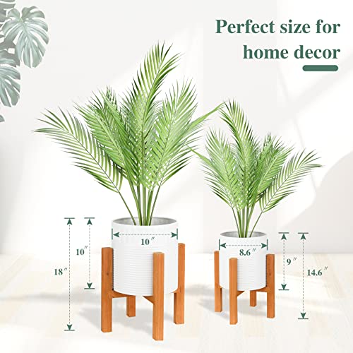 2-Piece White Metal Planter Set with Wood Stand, Indoor Mid Century Modern Planters with Drainage, 8" & 10" | Planter with Drainage Hole, Elevated Wooden Holder, Indoor Home Decor for Snake Plants, Pothos and Large Houseplants