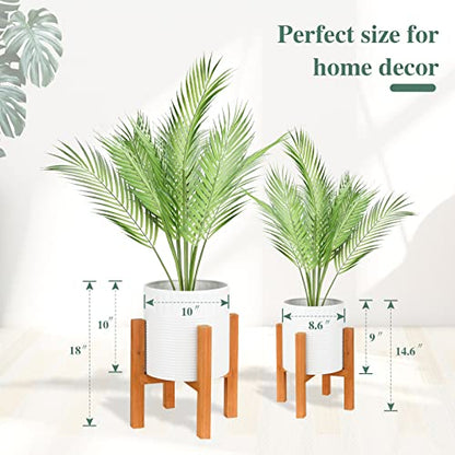 2-Piece White Metal Planter Set with Wood Stand, Indoor Mid Century Modern Planters with Drainage, 8" & 10" | Planter with Drainage Hole, Elevated Wooden Holder, Indoor Home Decor for Snake Plants, Pothos and Large Houseplants