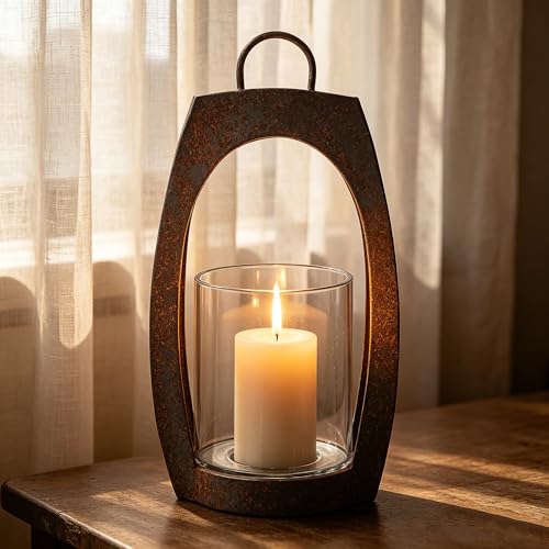 21" Twakutwaku Versatile Farmhouse Arch Metal Lantern in Rustic Brown with Handmade Thick Glass Candle Holder for Pillars & Plants, Hurricane Lantern, Glass Candlestick Holder, Glass Vase, Garden - color: Rustic Brown, size: 11"x21"