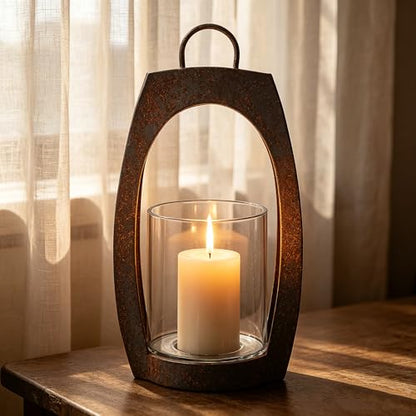 21" Twakutwaku Versatile Farmhouse Arch Metal Lantern in Rustic Brown with Handmade Thick Glass Candle Holder for Pillars & Plants, Hurricane Lantern, Glass Candlestick Holder, Glass Vase, Garden - color: Rustic Brown, size: 11"x21"