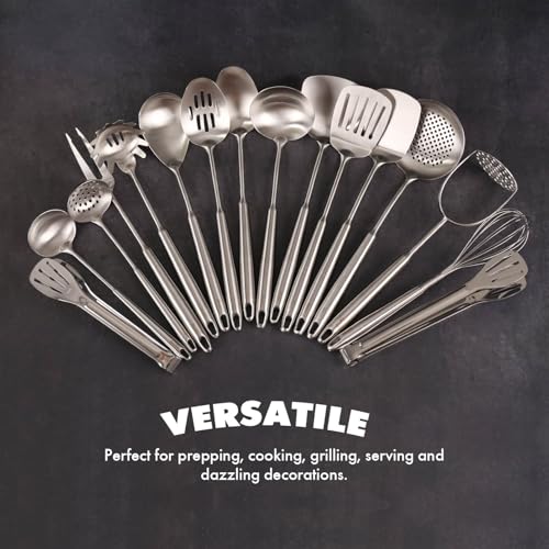 18/10 Stainless Steel Cooking Utensils Set - 16 PCS All Metal Utensils | Kitchen Tools - Whisk, Masher, Fork, Tong, Solid Slotted Spoon, Spatula, Turner, Ladle, Skimmer, Pasta, Small Large Spoon Set - color: 16-Pieces