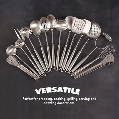 18/10 Stainless Steel Cooking Utensils Set - 16 PCS All Metal Utensils | Kitchen Tools - Whisk, Masher, Fork, Tong, Solid Slotted Spoon, Spatula, Turner, Ladle, Skimmer, Pasta, Small Large Spoon Set - color: 16-Pieces