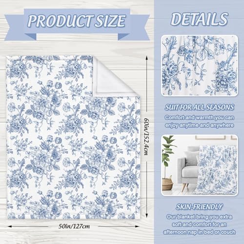 JarThenaAMCS Floral Fuzzy Blanket Blue Flowers Throw Blanket Decorative Soft Cozy Flannel Blanket for Home Bed Sofa Couch Chair, 50 x 60 Inch - size: 50 x 60 Inch