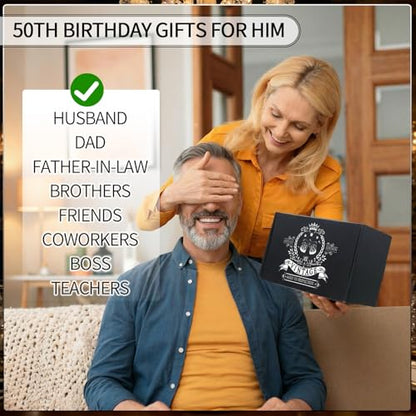 50th Birthday Gifts for Men 50th Birthday Party Supplies | Include 11 Oz Glass Stone Ice Tong Bottle Opener Cap Apron Socks Keychain Greeting Card for Him, Dad, Husband, Friends - style: 50th
