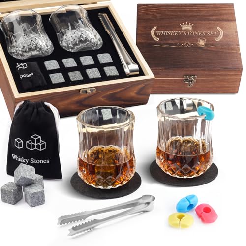 Fathers Day Anniversary Birthday Gifts for Men Him Dad Husband, White Elephant Gifts for Adults, Whiskey Glasses Set of 2 with Chilling Rocks, Bourbon Whiskey Stones Gifts for Men Wooden Box