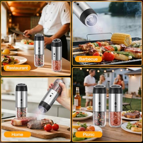 Gravity Electric Salt Grinder Set,Stainless Steel 2 Pack | with Variable Grinding Speed, External Adjustable Coarseness, One Hand Operation - color: Stainless Steel