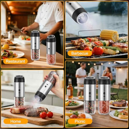 Gravity Electric Salt Grinder Set,Stainless Steel 2 Pack | with Variable Grinding Speed, External Adjustable Coarseness, One Hand Operation - color: Stainless Steel