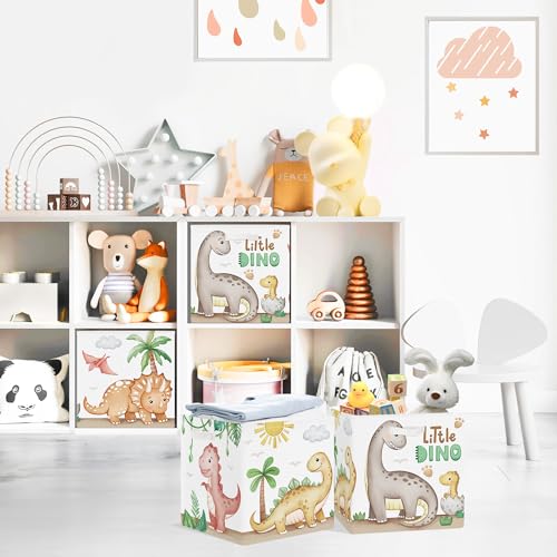 Clastyle 11.8" Dinosaur Storage Basket Set of 3 for Kid Boy Toy Clothes Bin | Collapsible Fabric Book Bin, Metal Frame Bottom Board, Cube Organizer, Closet Nursery Pantry Shelf Bedroom, Boho Brown Dino - color: Brown