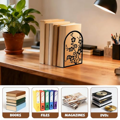 5.3"x4.3"x7.9" Metal Bookends, Heavy Duty Book Ends for Shelves | Plum Blossom Branches Theme Cast Iron Book Supports, 1 Pair Decor Stoppers for Desk, Library, Office & Home Shelves - style: Plum Blossom Branches