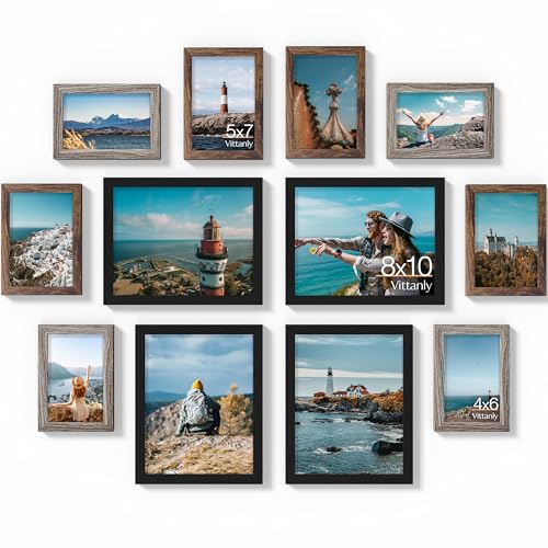 Vittanly 12 Pack Gallery Wall Frame Set, Black, Brown, Dark Grey | Gallery Wall Frame Set: 4pcs 8x10, 4pcs 5x7 & 4pcs 4x6 Photos for Wall & Table, Picture Frames made of Engineered Wood - color: Black & Brown & Dark Grey