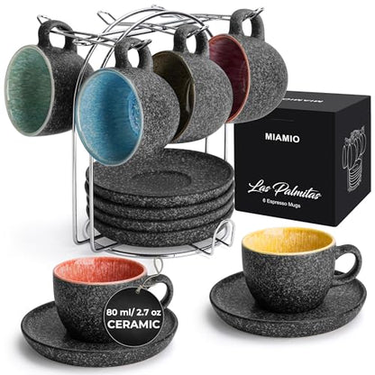 MIAMIO – 2.7 Oz Ceramic Stackable Espresso Cups with Saucers and Metal Stand, Set of 6 Espresso Cup, Demitasse Cups, Coffee Mugs for Espresso, Latte, Café Mocha & Tea – Las Palmitas Collection | With saucers, made of ceramic, dishwasher-safe, microwave-sa
