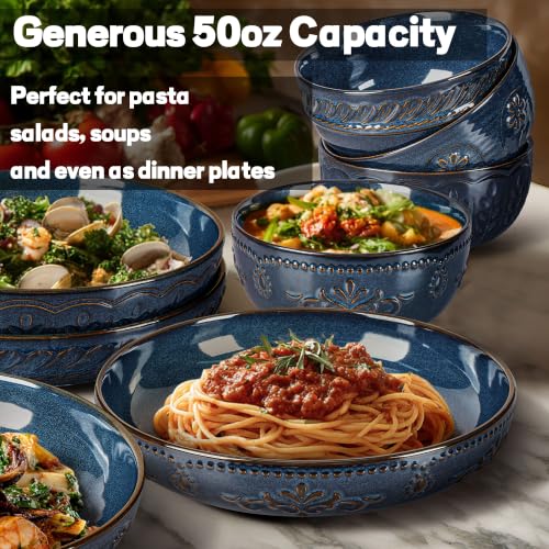Pasta Bowls, 50oz Large Salad Serving Bowls, 9.75'' Plates Bowls Set of 4, Big Ceramic Soup Bowls for Kitchen, Embossment Shallow Dinner Bowl, Microwave Dishwasher Safe, Multiple Patterns, Blue - color: Blue (Multiple Patterns)