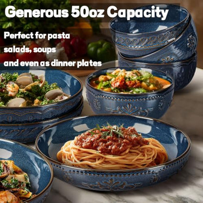 Pasta Bowls, 50oz Large Salad Serving Bowls, 9.75'' Plates Bowl Set of 4, Big Ceramic Soup Bowl for Kitchen, Embossment Shallow Dinner Bowl, Microwave Dishwasher Safe, Damask Floral, Blue - color: Blue (Damask Floral)