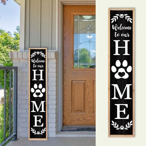TQianJiang Welcome Outdoor Sign, 45"×9", Wood Black | Front Door Welcome To Our Home With Paw Print, For Outside Front Porch, Standing Leaner Vertical Hanging Farmhouse Entryway - color: Farmhouse Welcome Outdoor (Wood Black)