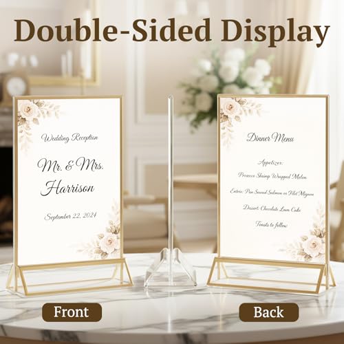 EHWINE 6 Pack Acrylic Sign Holder 4 x 6, Double Sided Gold Picture Frame Stand up Table Top Sign Holders, Clear Display Stand Menu Flyer Holder for Wedding Party